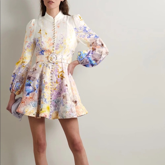 Zimmermann Dresses & Skirts - Rhythmic Belted Embellished Floral-print Linen Mini Dress